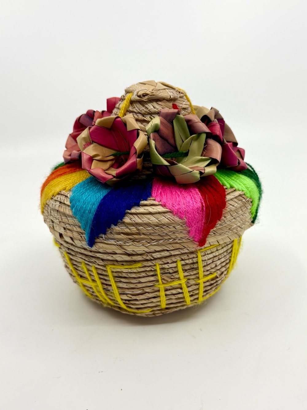 MEXICAN Handwoven Straw Basket with Colorful Yarn and Floral Top, 5” x 5”